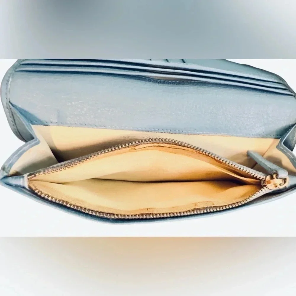 Rare Bvlgari Double Logo Blue Leather Flap Trifold Long Wallet